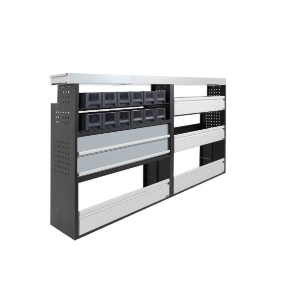 PROVAN-Ausstattung (links) mit Schubladen für Volkswagen T6/T6.1 2015-2025 (Beispielfoto) - Seitenansicht