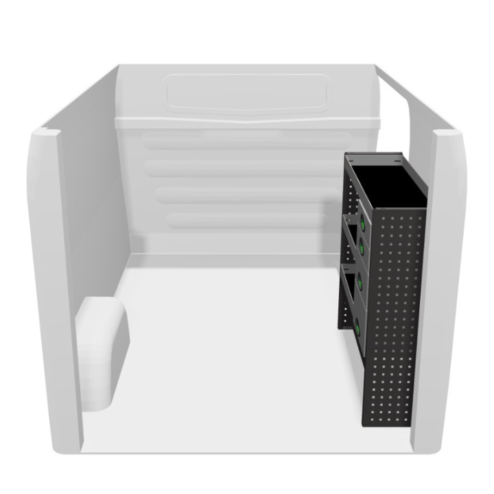 Ausbau für Volkswagen T7 2025+ rechts mit Schubladen Seitenansicht Ausbau für Volkswagen T7 2025+ rechts mit Schubladen Seitenansicht
