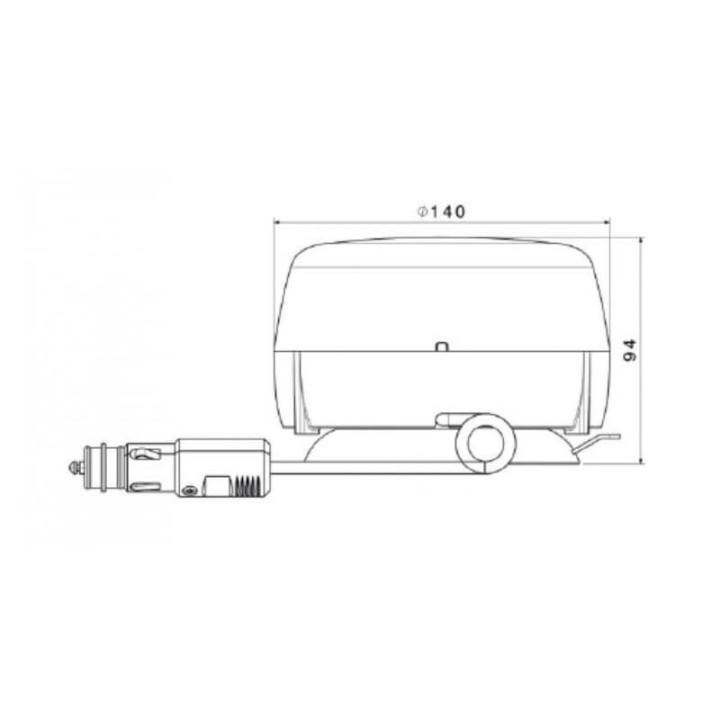 Technisches Schema der magnetischen LED-Rundumleuchte: Durchmesser 140 mm| Höhe 94 mm| Stromversorgung über Zigarettenanzünder.
