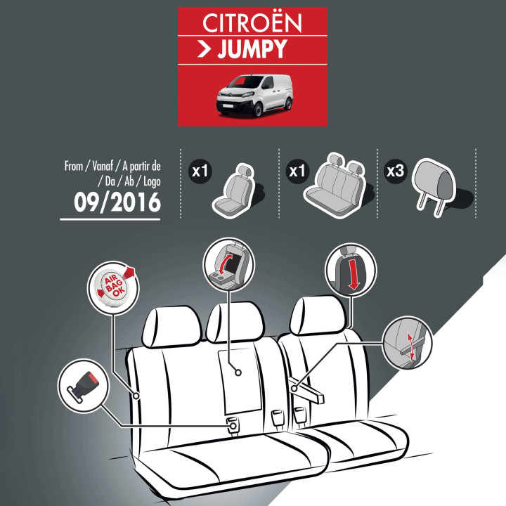 Sitzbezüge aus Kunstleder für Citroen Jumpy 2016+ - mit Armlehnen und Ablage (Abbildung unverbindlich)