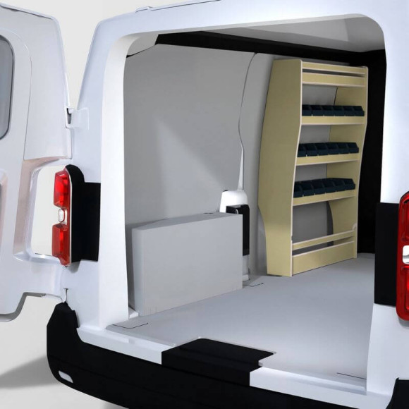 Kompaktausbau Peugeot Expert 2016+ mit Holzfach und Behältern auf der linken Seite