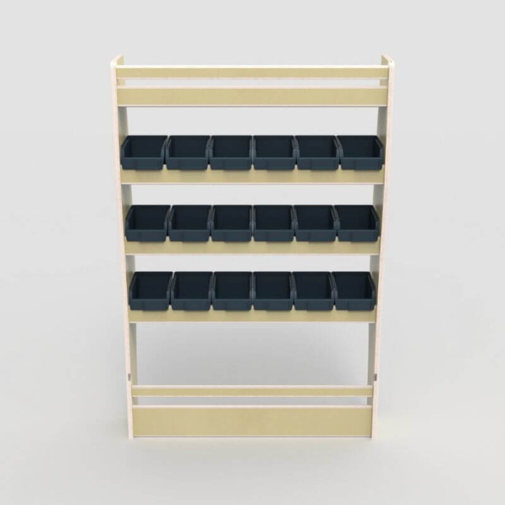 Nutzholzregal Tiefe 22 cm mit abnehmbaren mittleren Behältern