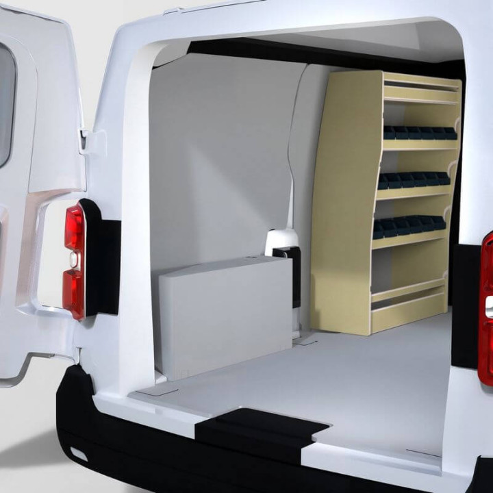 Ausbau Opel Vivaro 2019+ mit Holzregal und Behältern für die linke Seite