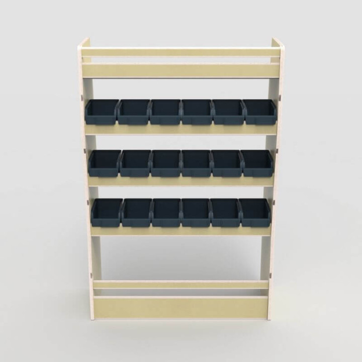 Holzregal mit herausnehmbaren Behältern für Opel Vivaro 2019+, Frontansicht.