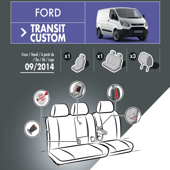 Stoffsitzbezüge für Ford Transit Custom - mit Armlehnen und Klapptisch