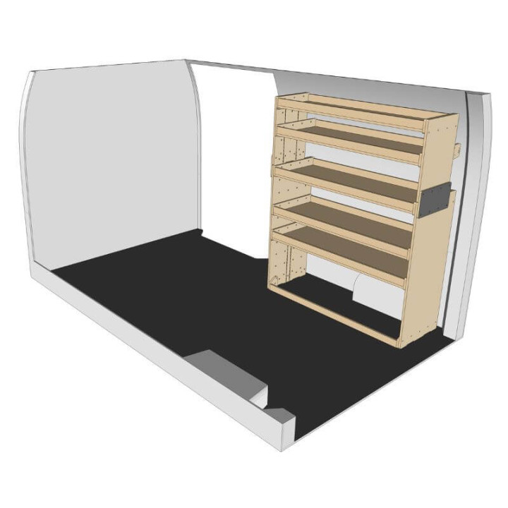 Rohe Holzregaleinheit, Frontansicht, Mercedes eSprinter 2023+