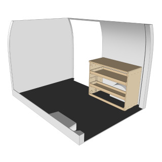 Rohe Holzregaleinheit mit Werkbank, Frontansicht, Mercedes eSprinter 2023+