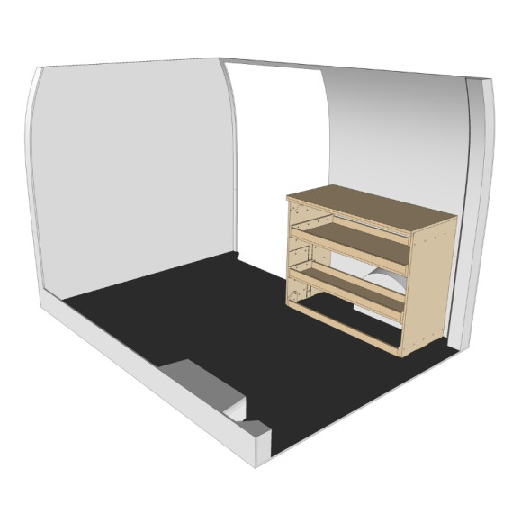 Rohe Holzregaleinheit mit Werkbank, Frontansicht, Mercedes eSprinter 2023+