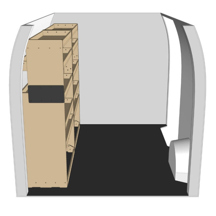 Rohe Holzregaleinheit links, Seitenansicht, Mercedes eSprinter 2023+