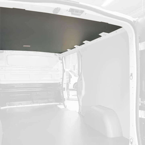 Graue Deckenverkleidung für Fiat Doblo ab 2022. Beispiel am Renault Trafic. Der Zuschnitt wird auf Ihr Modell abgestimmt