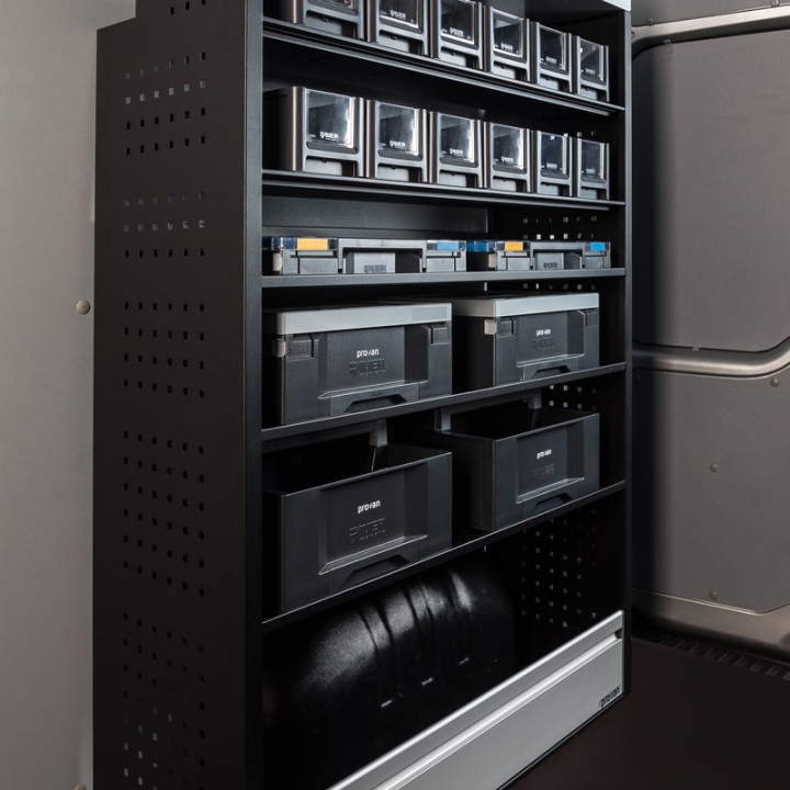 Metallregal für Volkswagen Crafter 2006–2016 mit Sichtlagerkästen und Werkzeugkästen