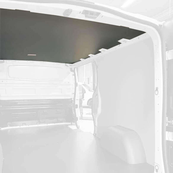 Graue Deckenverkleidung für Opel Movano 2022+. Beispiel am Renault Trafic. Der Zuschnitt wird spezifisch für Ihr Modell sein